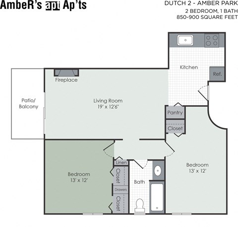 Floor plan for 2 beds, 1 bath, 900 sqft